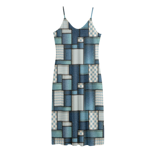 Plaid And Denim Patchwork Pattern Print Jersey Midi Cami Dress