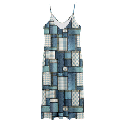 Plaid And Denim Patchwork Pattern Print Jersey Midi Cami Dress