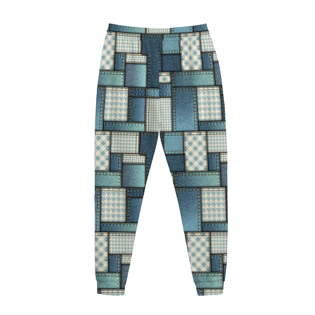 Plaid And Denim Patchwork Pattern Print Jogger Pants