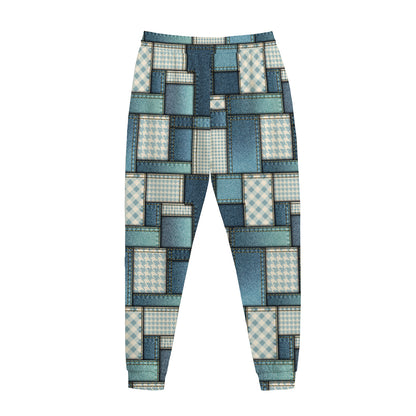 Plaid And Denim Patchwork Pattern Print Jogger Pants