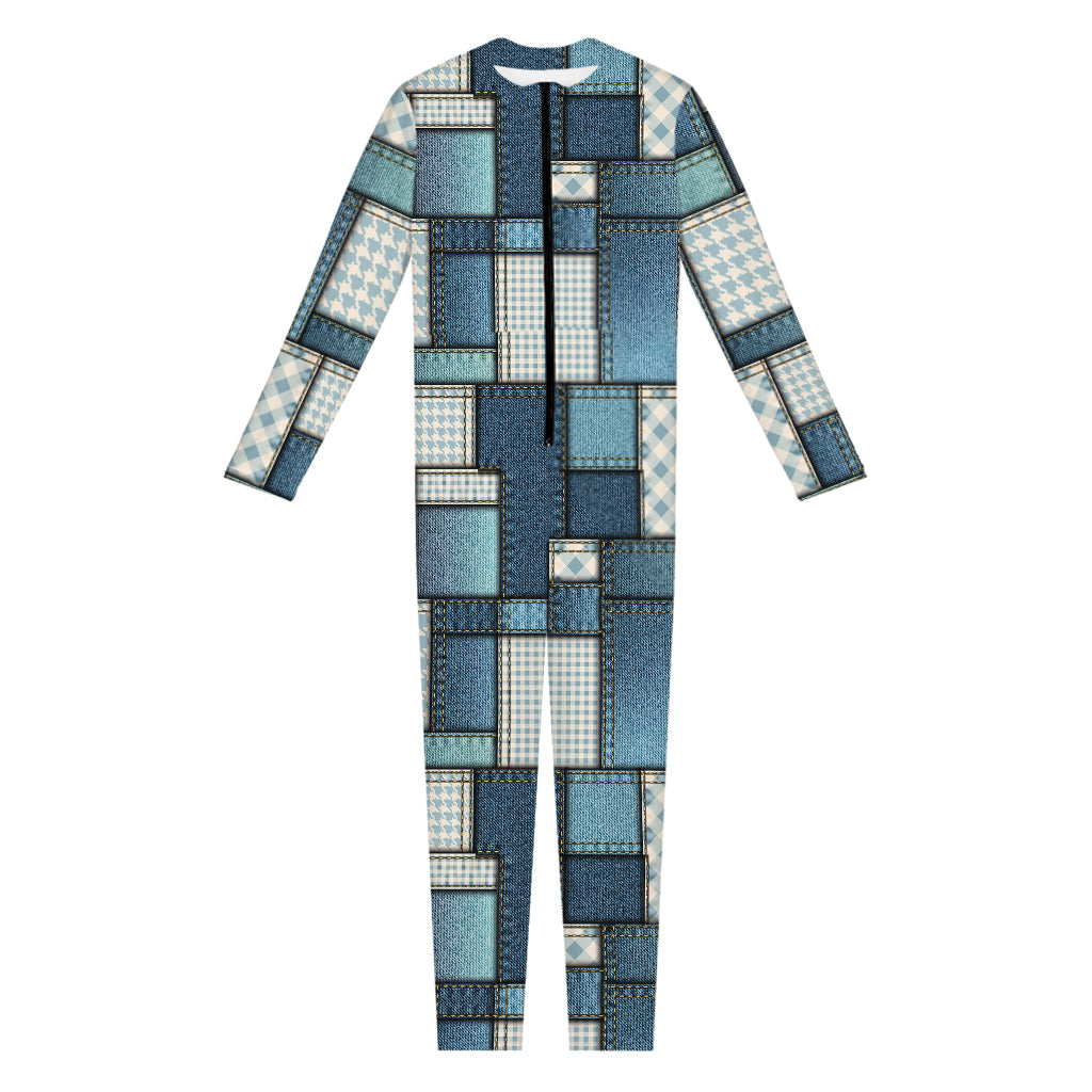 Plaid And Denim Patchwork Pattern Print Jumpsuit