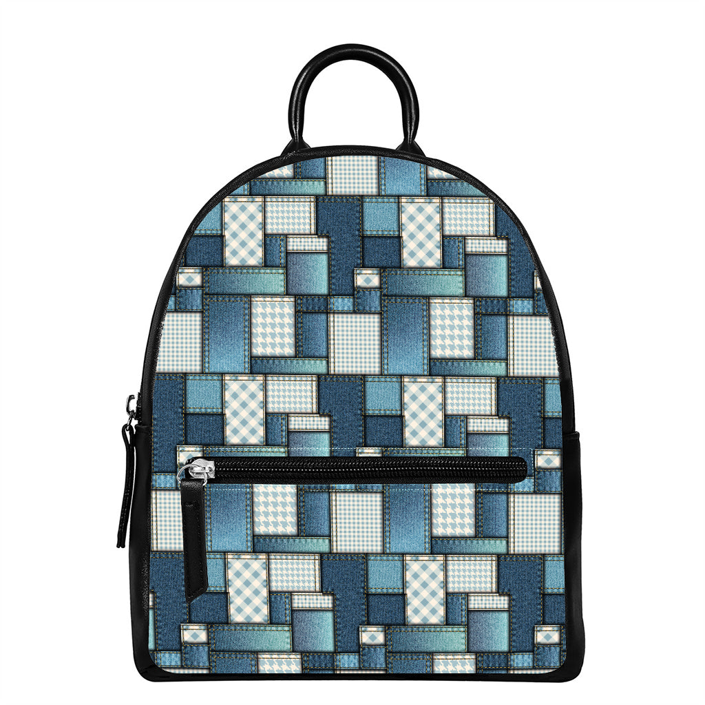 Plaid And Denim Patchwork Pattern Print Leather Backpack