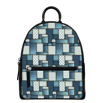 Plaid And Denim Patchwork Pattern Print Leather Backpack