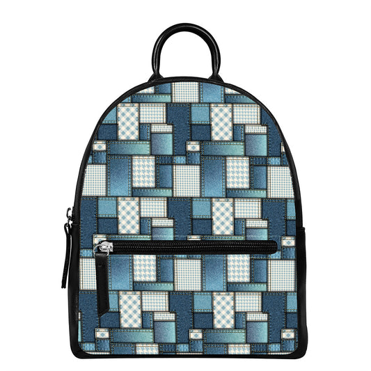 Plaid And Denim Patchwork Pattern Print Leather Backpack