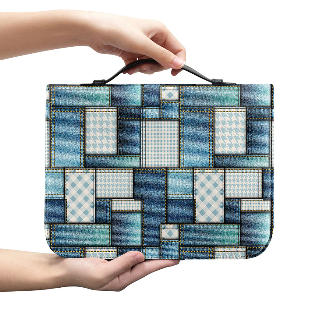 Plaid And Denim Patchwork Pattern Print Leather Bible Cover