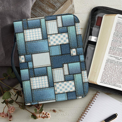 Plaid And Denim Patchwork Pattern Print Leather Bible Cover