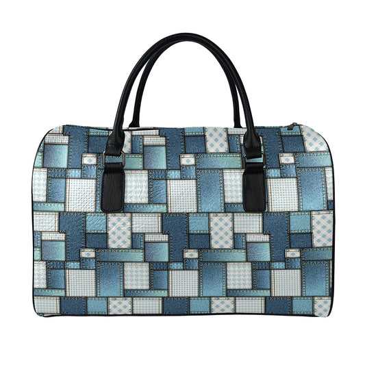 Plaid And Denim Patchwork Pattern Print Leather Duffle Bag