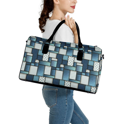 Plaid And Denim Patchwork Pattern Print Leather Duffle Bag