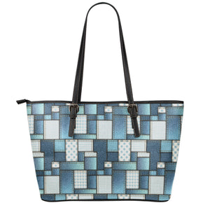 Plaid And Denim Patchwork Pattern Print Leather Tote Bag