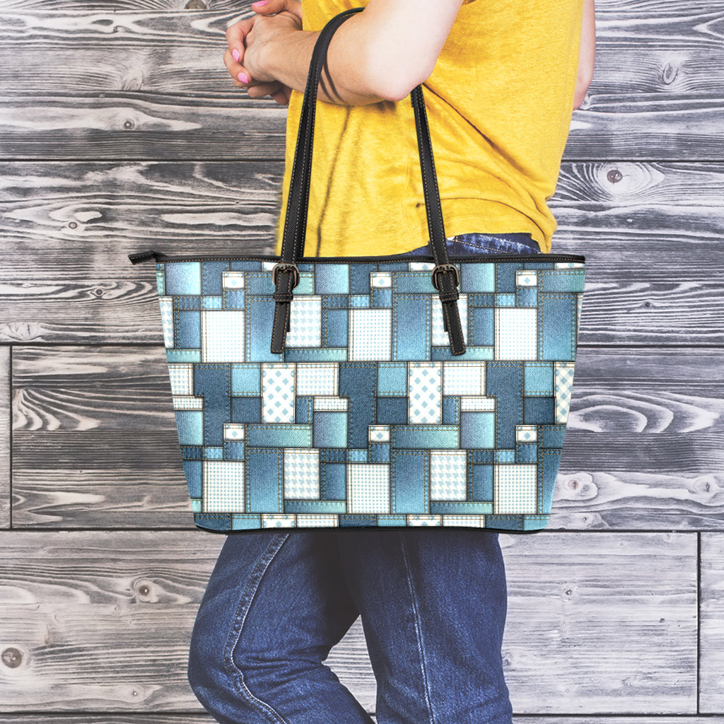 Plaid And Denim Patchwork Pattern Print Leather Tote Bag