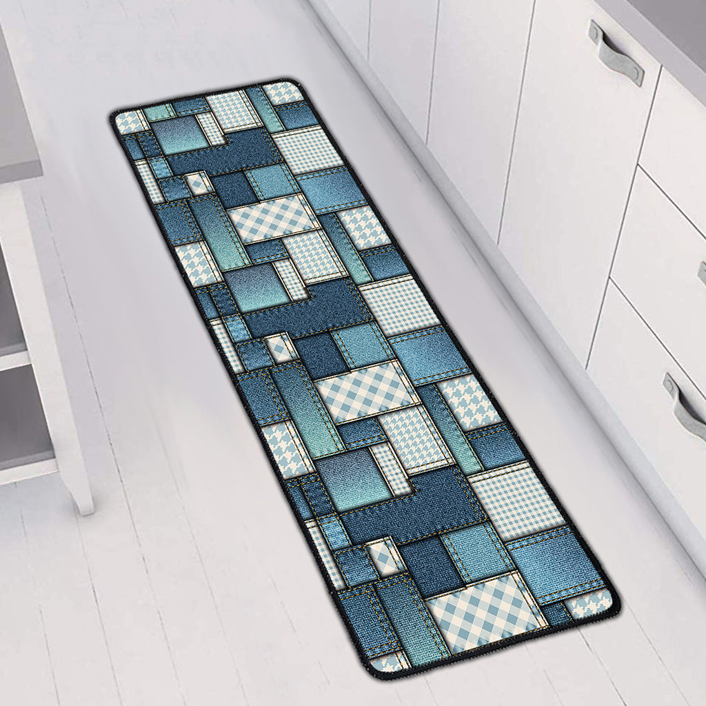 Plaid And Denim Patchwork Pattern Print Long Kitchen Mat