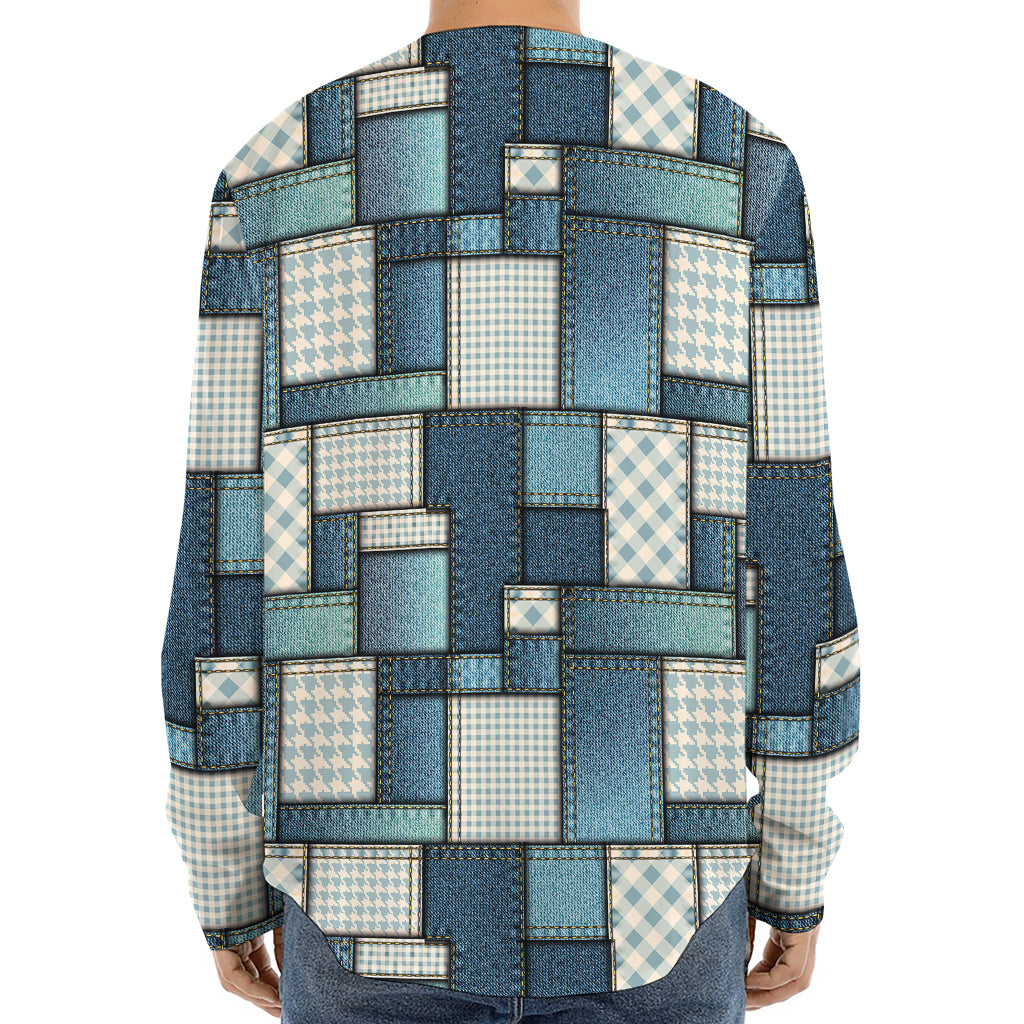 Plaid And Denim Patchwork Pattern Print Long Sleeve Baseball Jersey