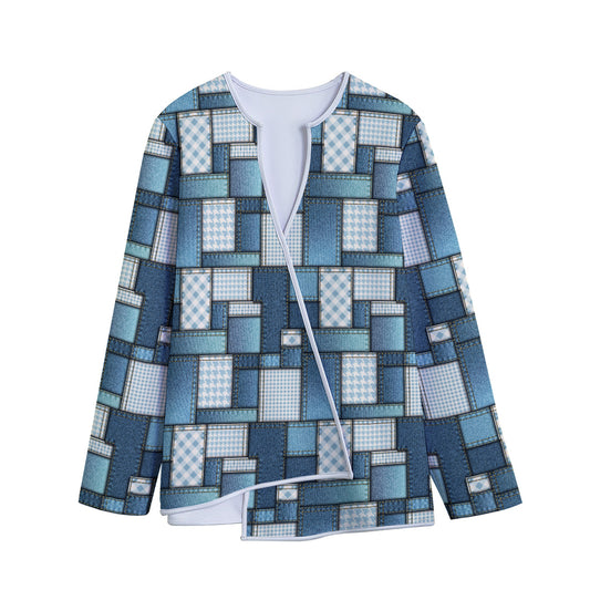 Plaid And Denim Patchwork Pattern Print Long Sleeve Short Coat