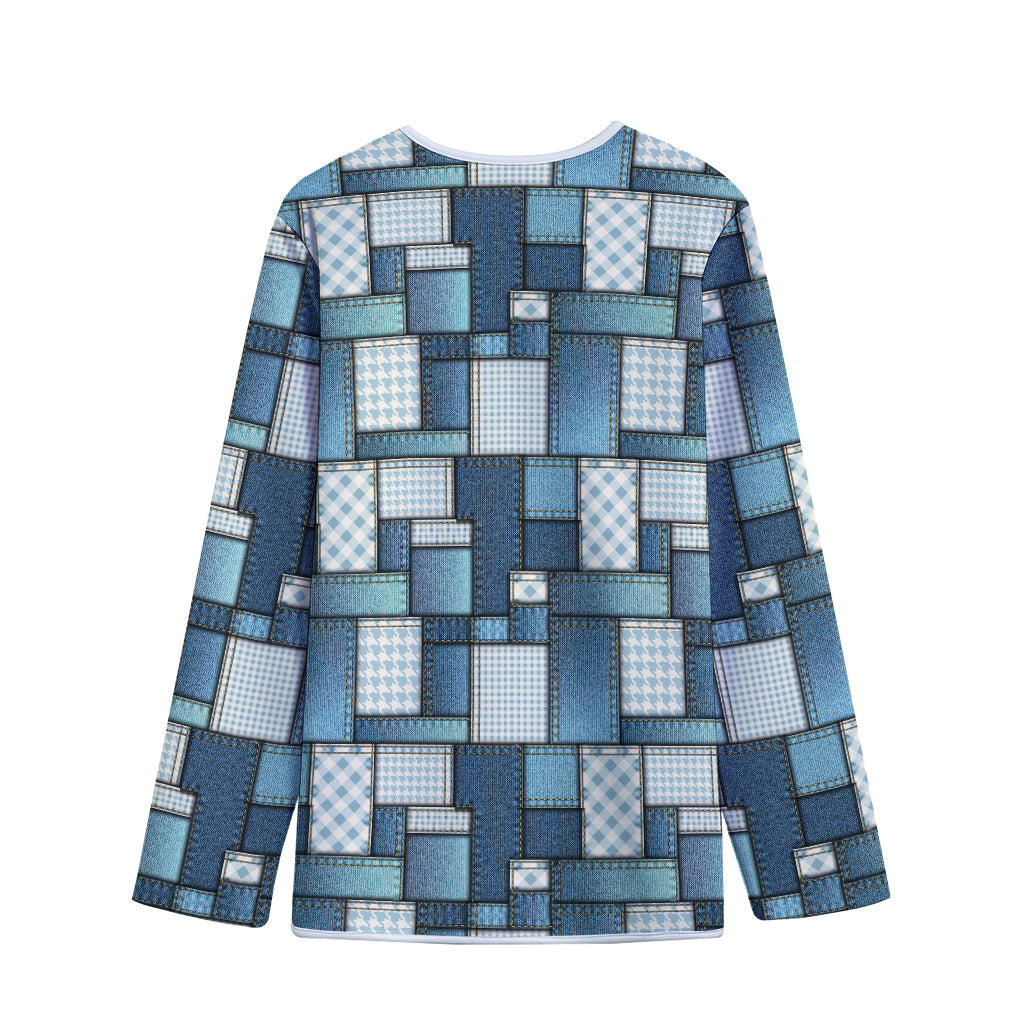 Plaid And Denim Patchwork Pattern Print Long Sleeve Short Coat