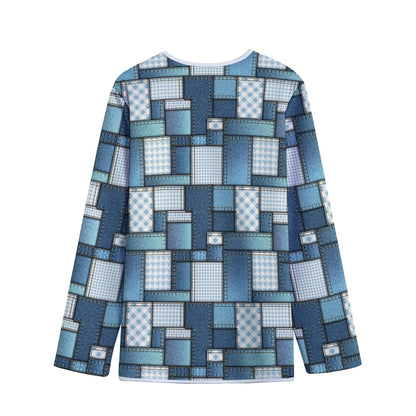 Plaid And Denim Patchwork Pattern Print Long Sleeve Short Coat