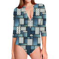 Plaid And Denim Patchwork Pattern Print Long Sleeve Swimsuit