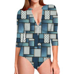 Plaid And Denim Patchwork Pattern Print Long Sleeve Swimsuit