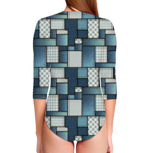 Plaid And Denim Patchwork Pattern Print Long Sleeve Swimsuit
