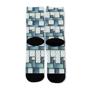 Plaid And Denim Patchwork Pattern Print Long Socks