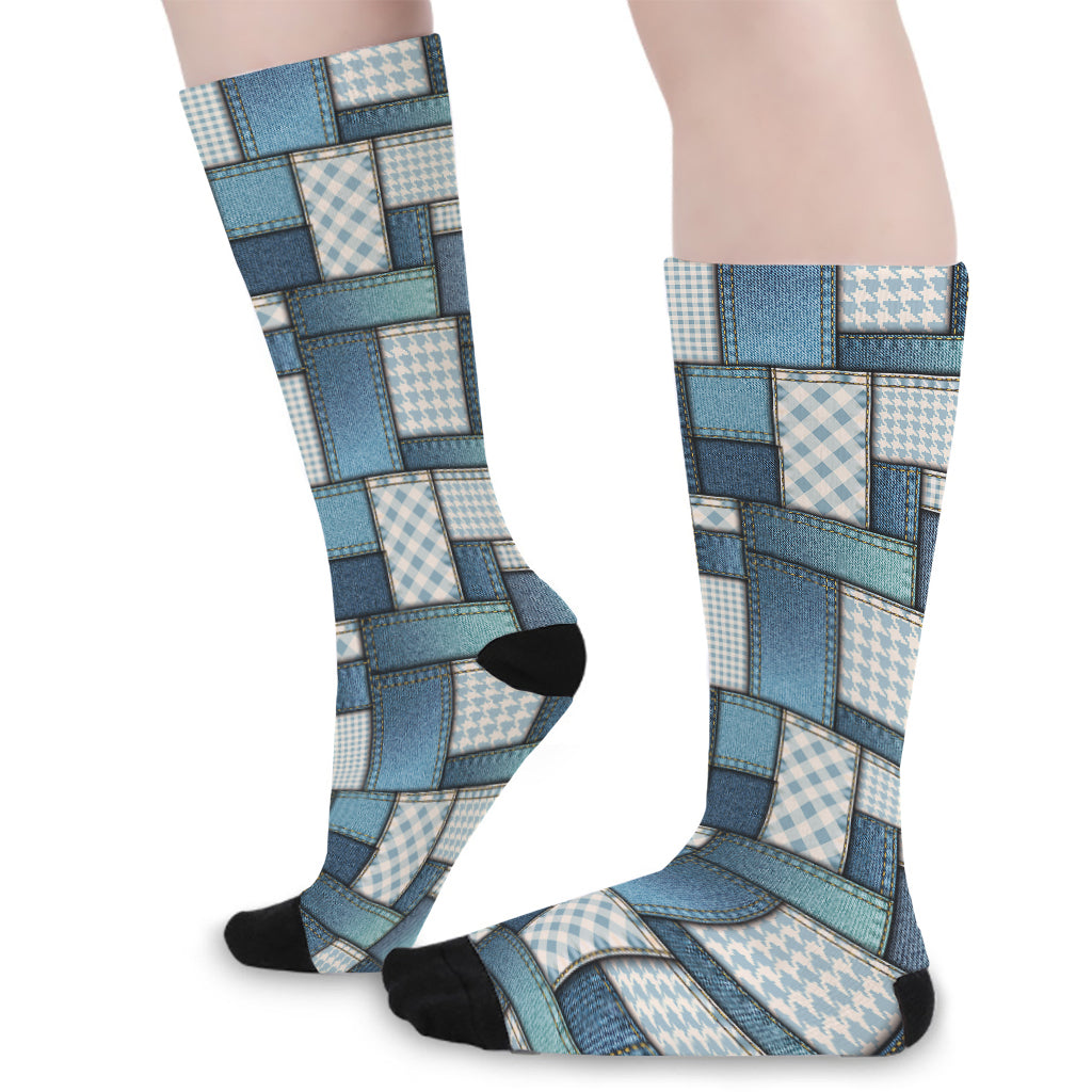 Plaid And Denim Patchwork Pattern Print Long Socks