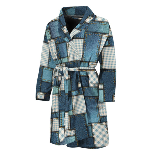 Plaid And Denim Patchwork Pattern Print Men's Bathrobe