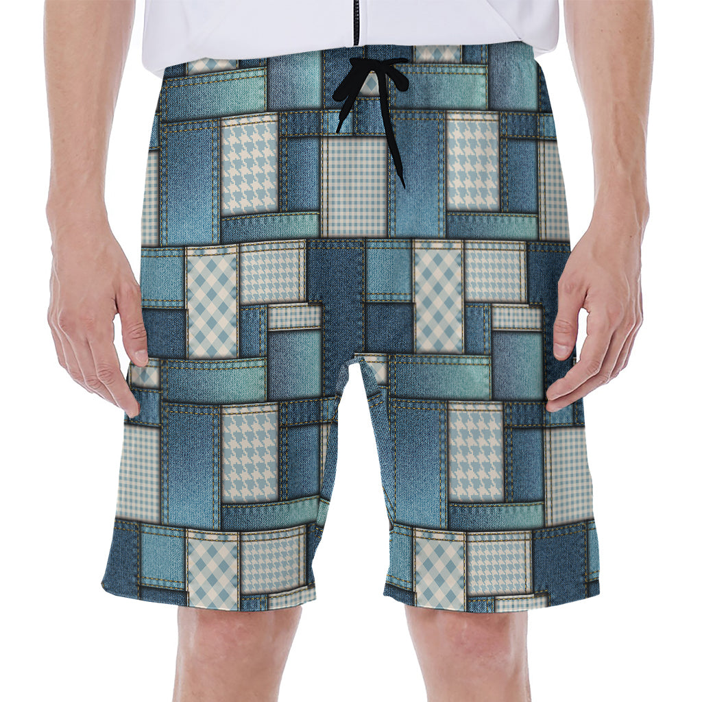 Plaid And Denim Patchwork Pattern Print Men's Beach Shorts