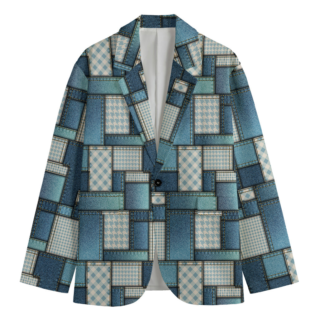 Plaid And Denim Patchwork Pattern Print Men's Blazer