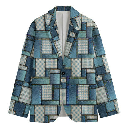 Plaid And Denim Patchwork Pattern Print Men's Blazer