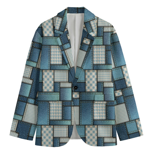 Plaid And Denim Patchwork Pattern Print Men's Blazer