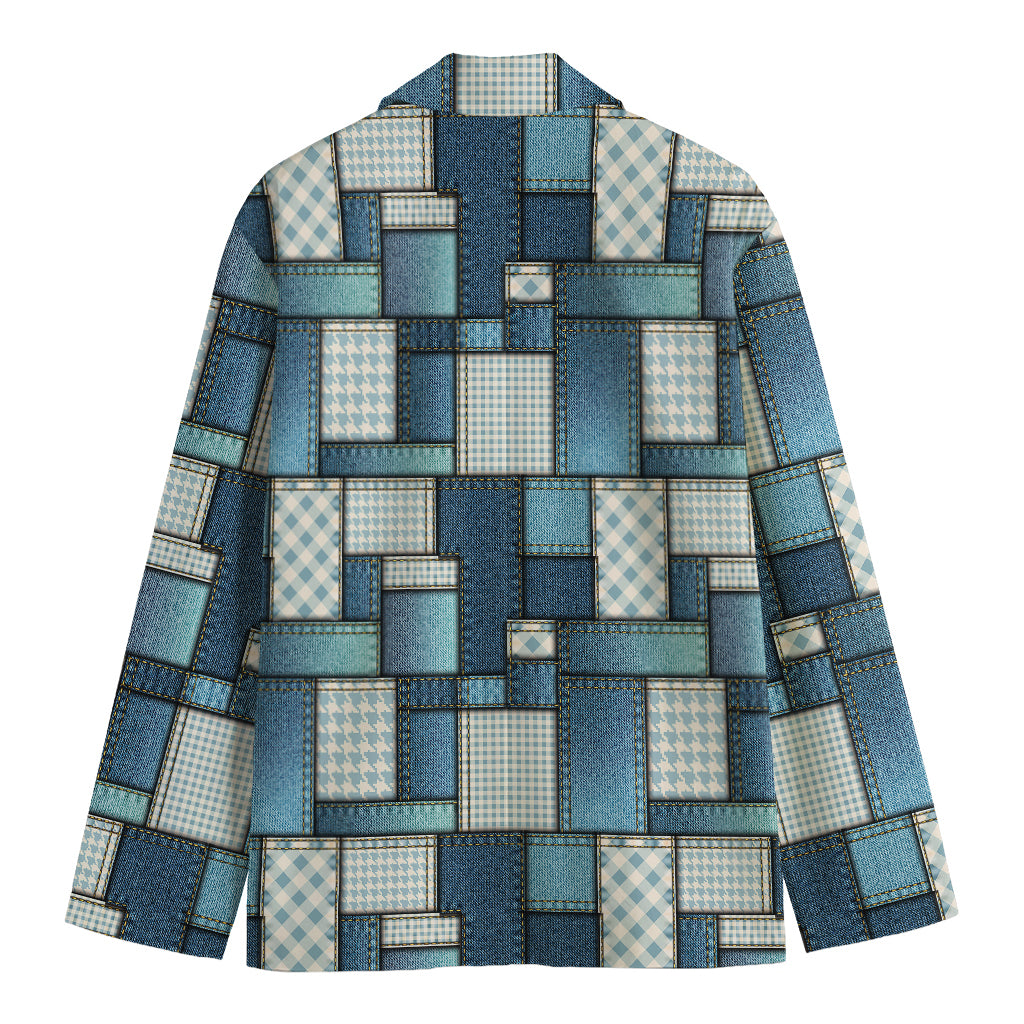 Plaid And Denim Patchwork Pattern Print Men's Blazer