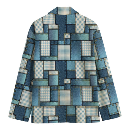 Plaid And Denim Patchwork Pattern Print Men's Blazer
