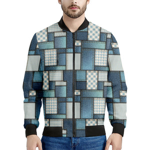 Plaid And Denim Patchwork Pattern Print Men's Bomber Jacket