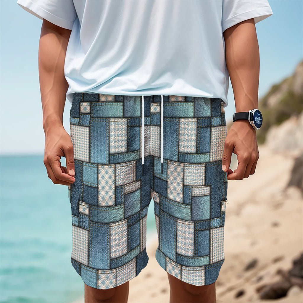 Plaid And Denim Patchwork Pattern Print Men's Cargo Shorts