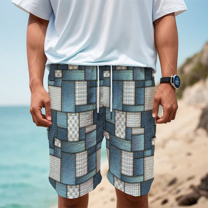 Plaid And Denim Patchwork Pattern Print Men's Cargo Shorts