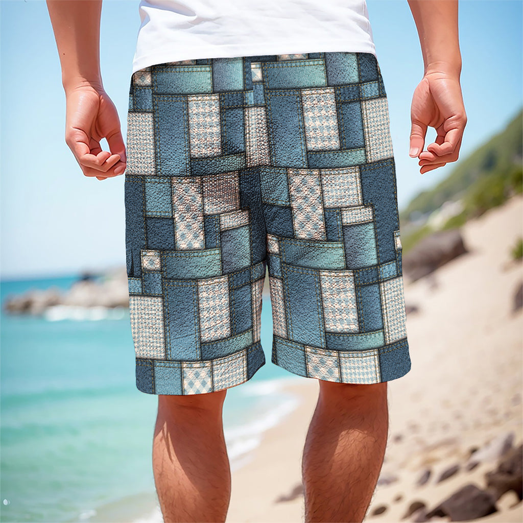 Plaid And Denim Patchwork Pattern Print Men's Cargo Shorts