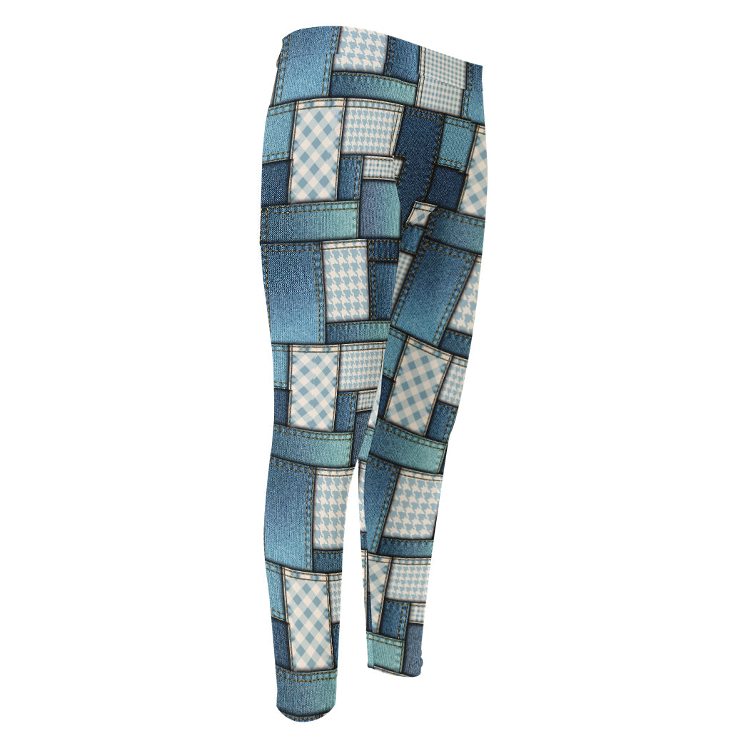 Plaid And Denim Patchwork Pattern Print Men's Compression Pants