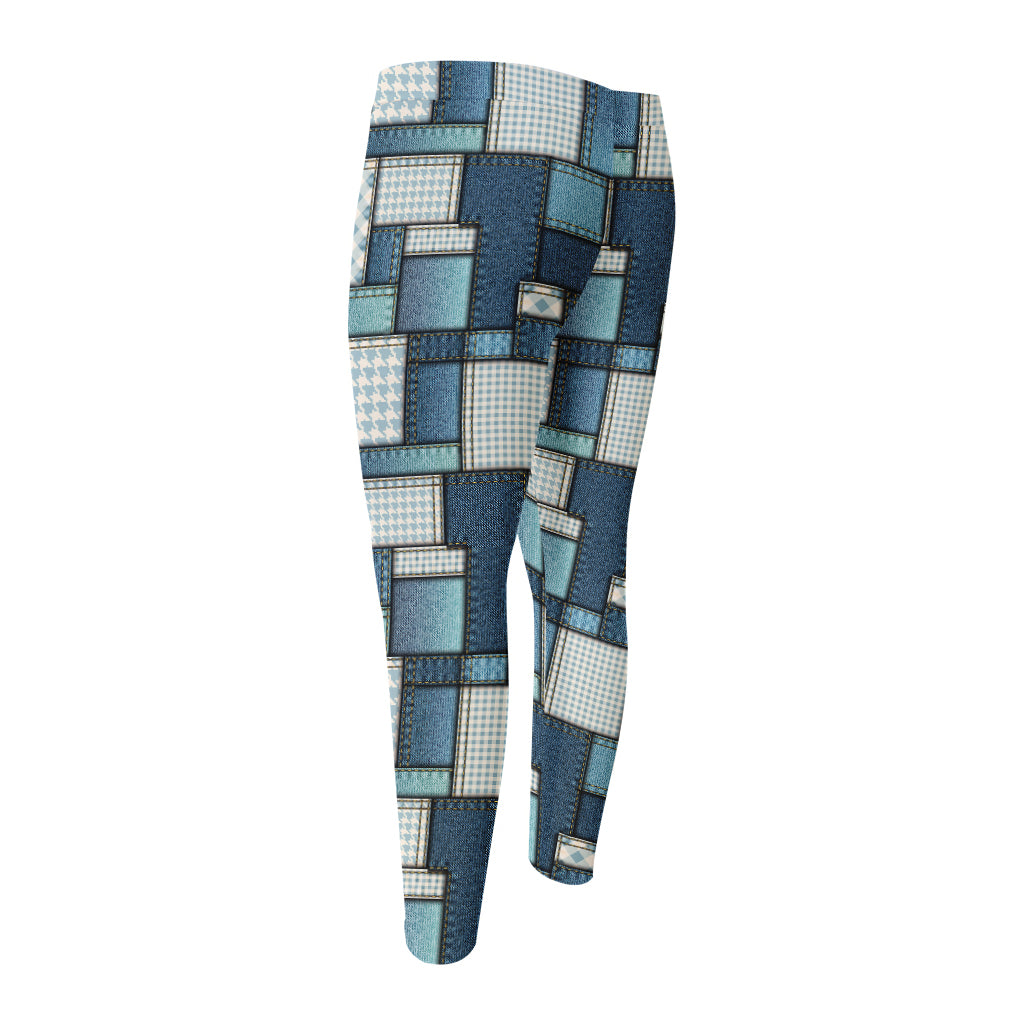 Plaid And Denim Patchwork Pattern Print Men's Compression Pants