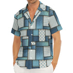 Plaid And Denim Patchwork Pattern Print Men's Deep V-Neck Shirt