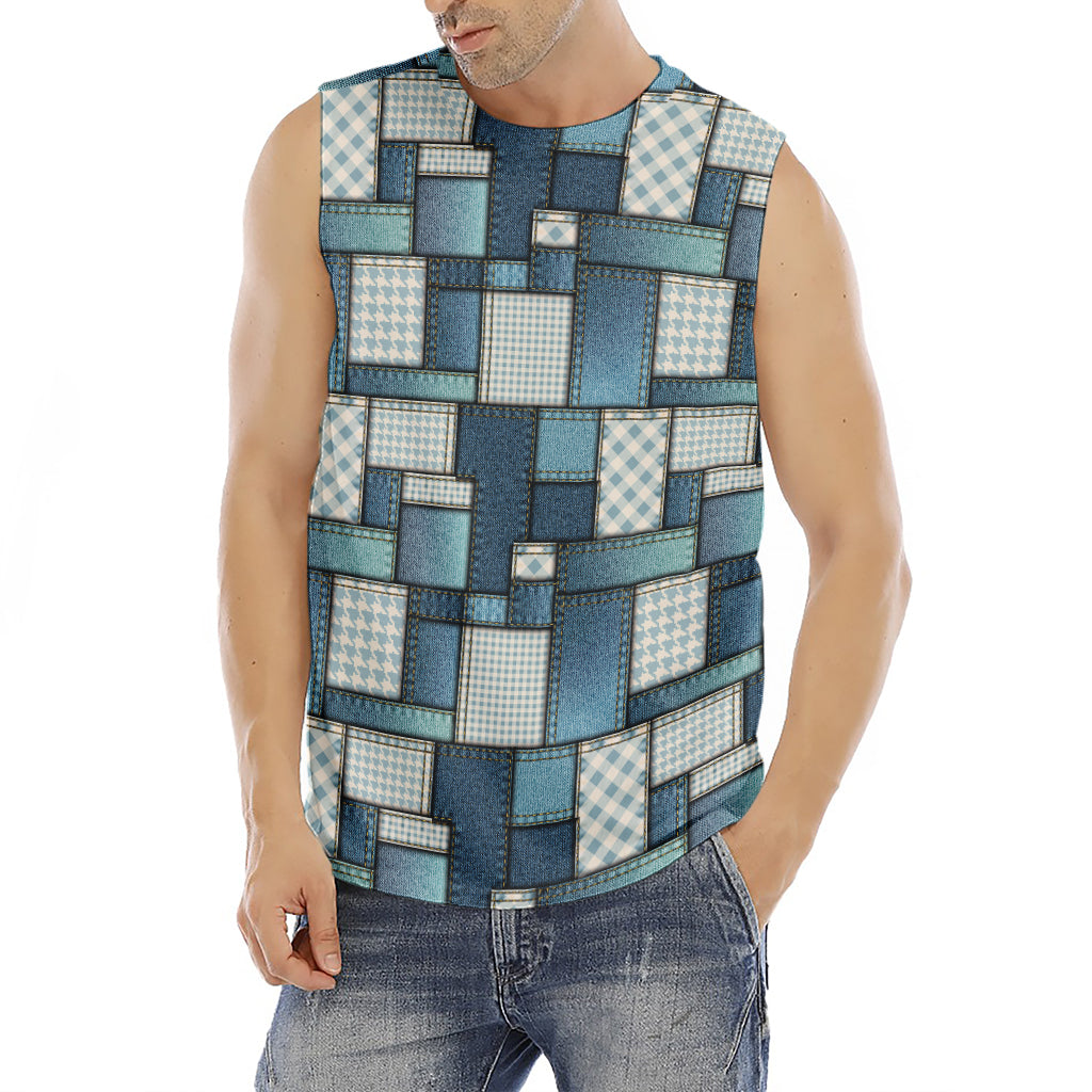 Plaid And Denim Patchwork Pattern Print Men's Fitness Tank Top
