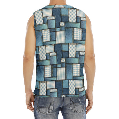 Plaid And Denim Patchwork Pattern Print Men's Fitness Tank Top