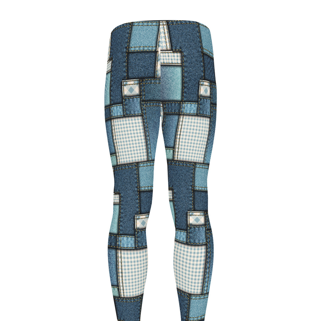 Plaid And Denim Patchwork Pattern Print Men's leggings