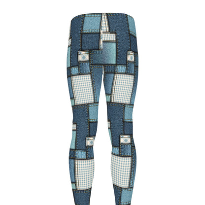 Plaid And Denim Patchwork Pattern Print Men's leggings