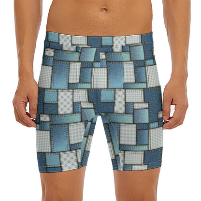 Plaid And Denim Patchwork Pattern Print Men's Long Boxer Briefs