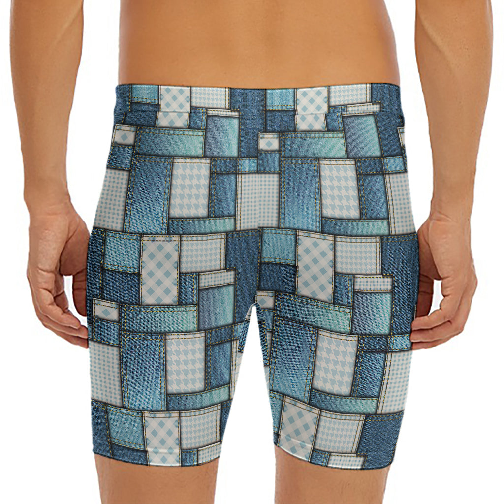 Plaid And Denim Patchwork Pattern Print Men's Long Boxer Briefs
