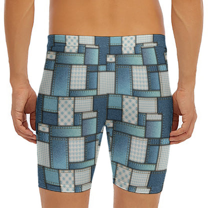 Plaid And Denim Patchwork Pattern Print Men's Long Boxer Briefs