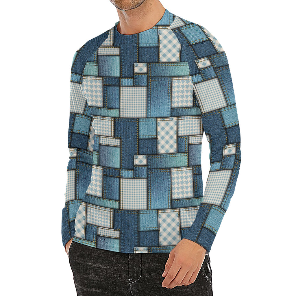 Plaid And Denim Patchwork Pattern Print Men's Long Sleeve Rash Guard