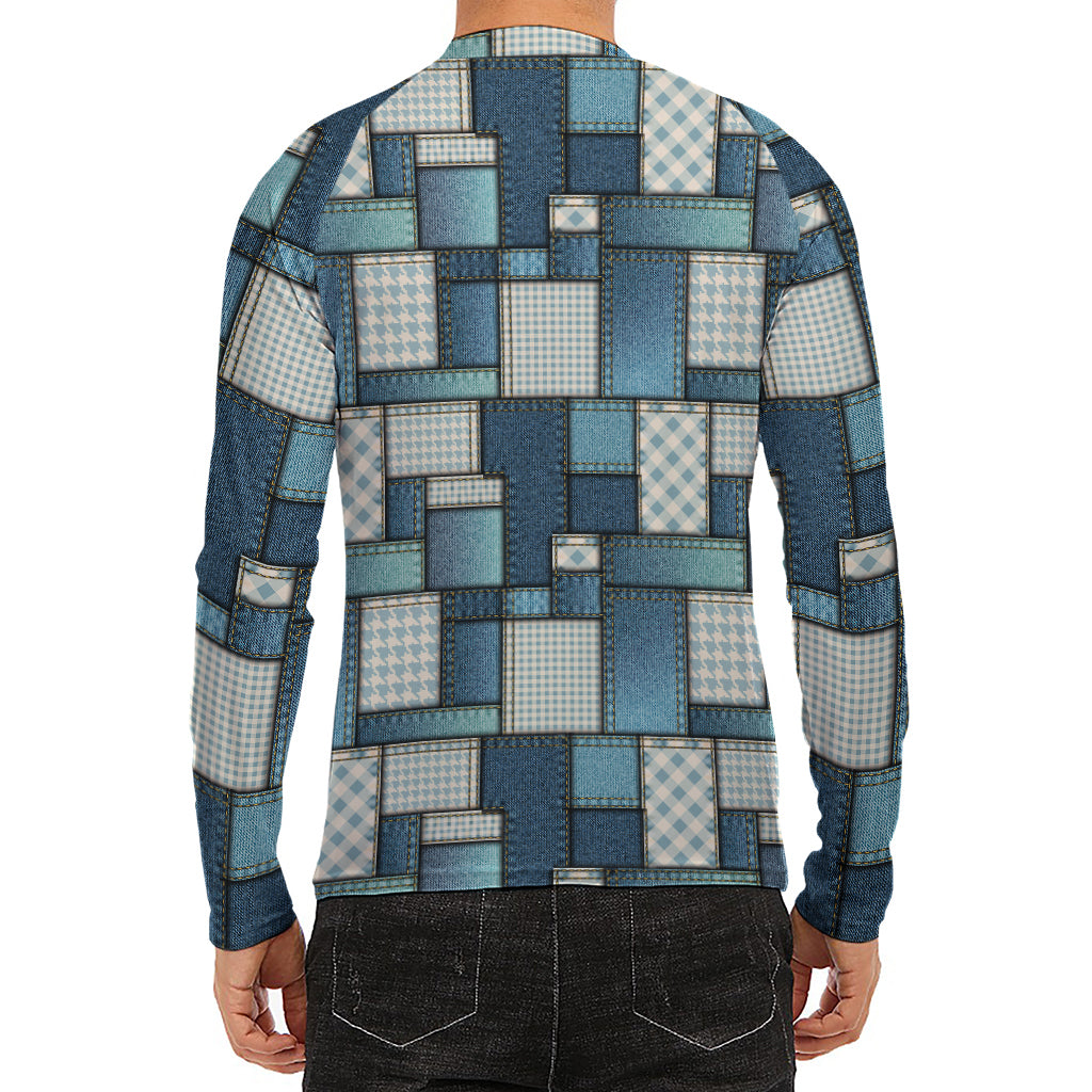 Plaid And Denim Patchwork Pattern Print Men's Long Sleeve Rash Guard