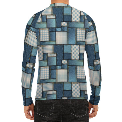 Plaid And Denim Patchwork Pattern Print Men's Long Sleeve Rash Guard