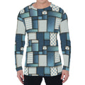 Plaid And Denim Patchwork Pattern Print Men's Long Sleeve T-Shirt