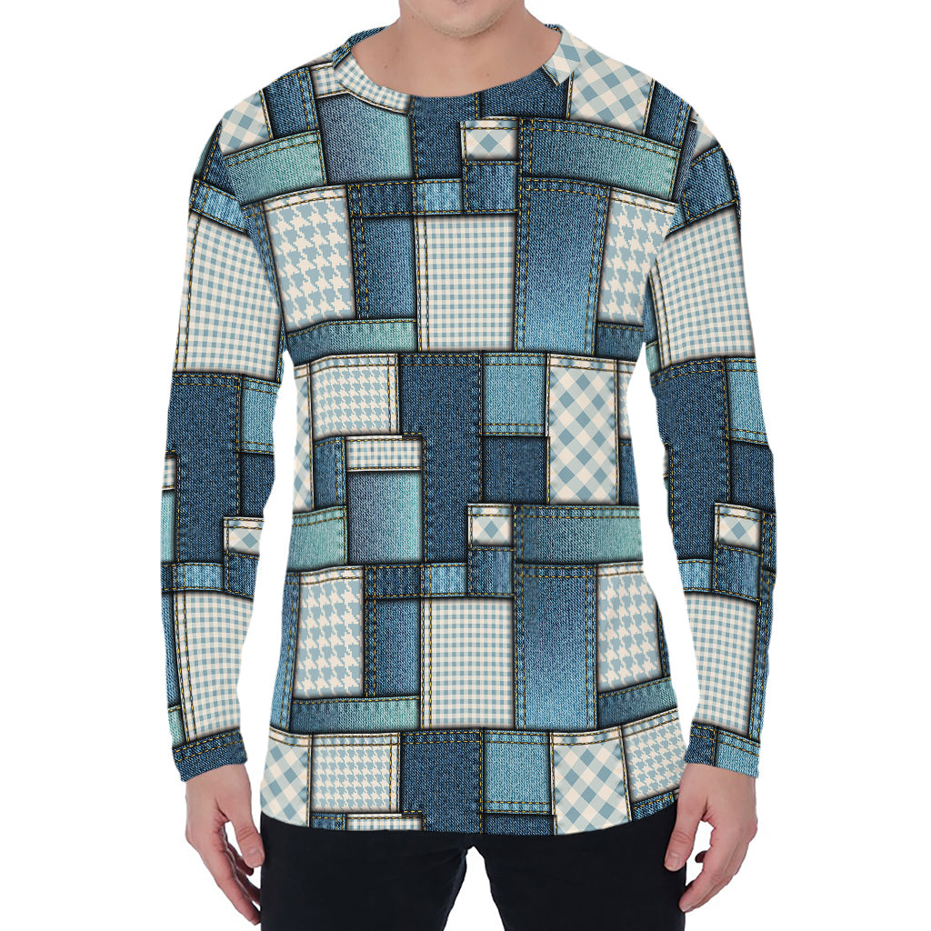 Plaid And Denim Patchwork Pattern Print Men's Long Sleeve T-Shirt